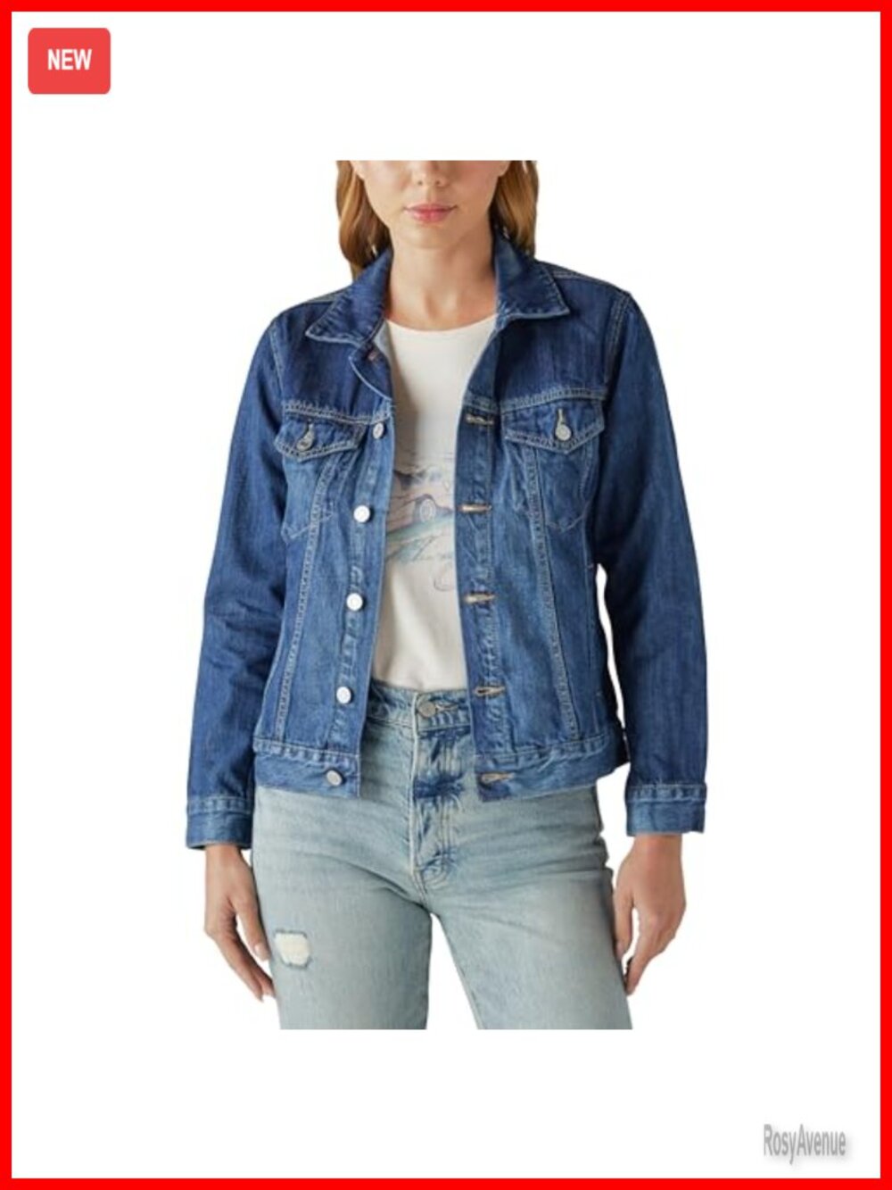 Women's Denim Trucker Jacket Button Up Long Sleeve Medium Wash Straight Fit
